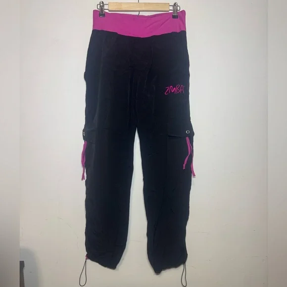 Zumba Dance Fitness Dancing Cargo Capris Wide Leg Pants Black Hot Pink XXL 2XL - Picture 1 of 7